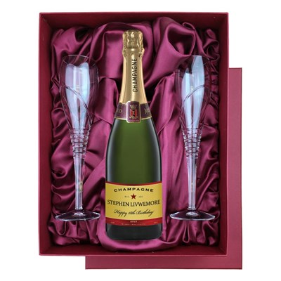 Personalised Champagne - Red Star Label in Red Luxury Presentation Set With Flutes